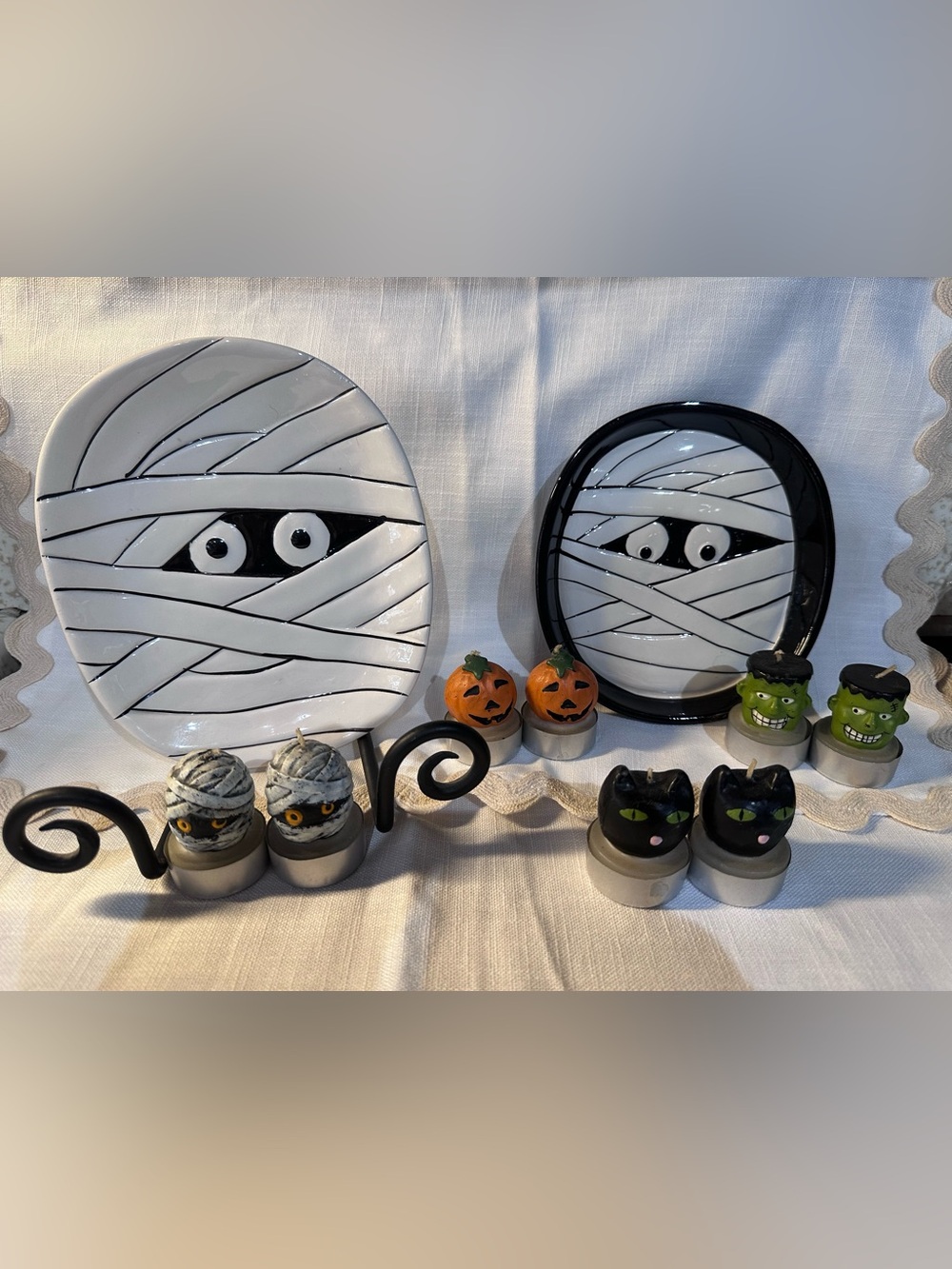 Halloween Bundle 2 Mummy Ceramic Serving Plates and Halloween Tea Lights
